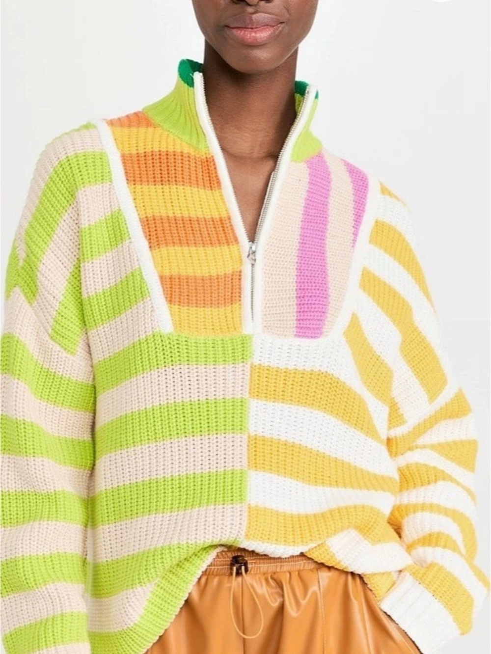 STAUD Hampton Half-Zip Stripe Sweater Green & Yellow